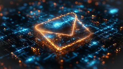 Creative Digital Representation of an Email Icon Glowing Among Glowing Data Streams and Circuits in a High Tech Environment. Generative AI