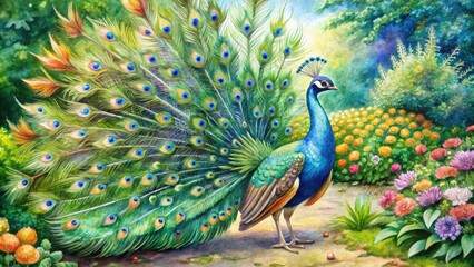 Obraz premium A vibrant peacock watercolor, its lush plumage bursting with color in a zoo garden.