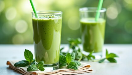 Fototapeta premium A tall glass filled with nutritious green smoothie, featuring fresh spinach and mint on a sunlit table indoors, evoking health and freshness.