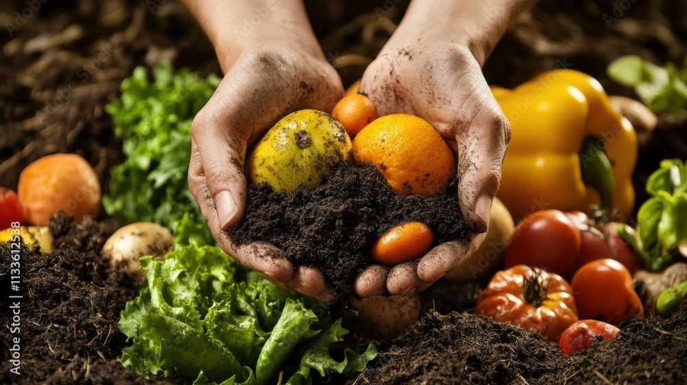 Poster hands embrace rich soil, showcasing vibrant vegetables and fruits in a garden setting during a sunny