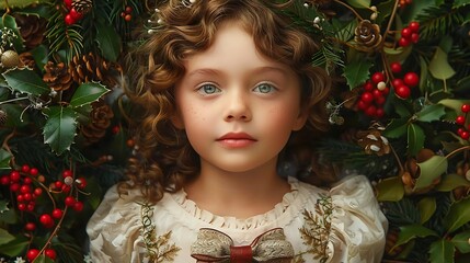 Portrait of a girl with curly hair lying among Christmas decorations.