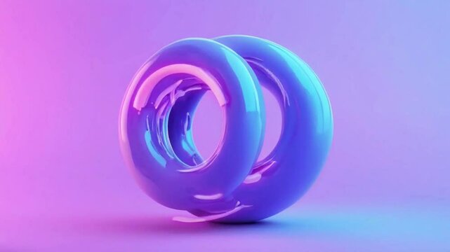 two glossy blue torus shapes interlocked and lit with purple and blue light