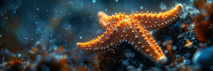 A beautifully detailed close-up of a vibrant orange starfish lying on a rock amidst an enchanting underwater scene teeming with aquatic wonder