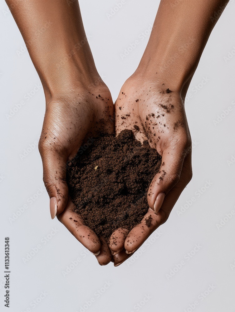 Poster hands gently cradle a handful of dark, fertile soil, reflecting the connection between earth and nur