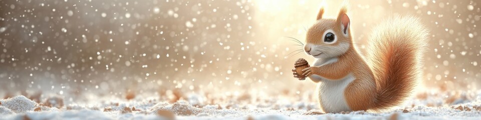 Obraz premium Cartoon Squirrel, Cheerful Expression, Snowy Landscape, Winter Scene, Holiday-themed Illustration