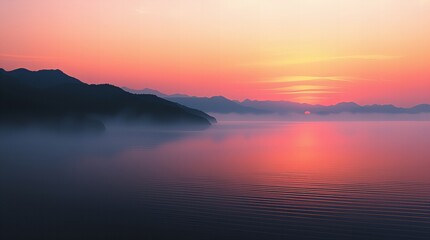 Fototapeta premium Misty mountain landscape at sunrise with soft pink and orange glow over calm lake
