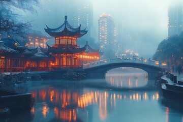 Fototapeta premium A serene and mysterious night scene featuring a traditional Chinese pagoda and bridge reflecting in the still waters of a misty canal.