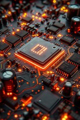 Fototapeta premium A close-up view of a complex, intricately designed electronic circuit board with glowing components showcasing advanced microtechnology