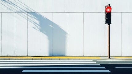 Red traffic light at pedestrian crossing against a white wall.