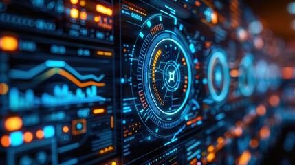 Fototapeta premium A highly complex and futuristic digital interface displaying intricate data visualizations and holographic elements in vivid neon colors