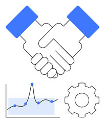 Handshake line graph with upward trend, gear icon emphasizing themes. Ideal for partnerships, teamwork, business growth, strategy, success, innovation. Line metaphor