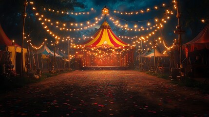 Artistic magical circus stage festive string lights vibrant images