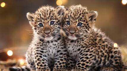 Naklejka premium Adorable Leopard Cubs – Close-up of Two Playful Baby Leopards
