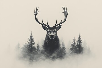 Majestic stag in a misty forest, a surreal and atmospheric black and white image