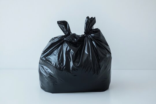 Black trash bag filled with waste sitting on a plain white surface in a clean environment