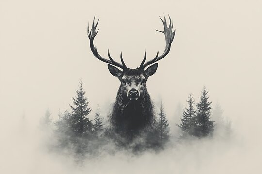 Majestic stag in a misty forest, a surreal and atmospheric black and white image - Powered by Adobe
