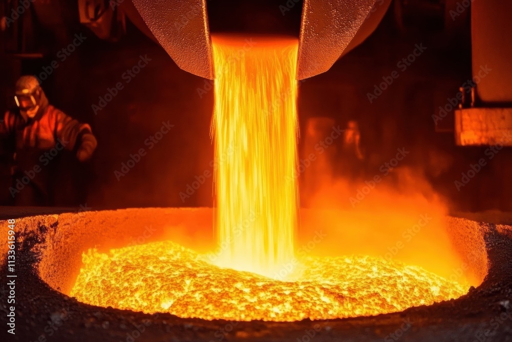 Poster Molten metal streams into casting molds, creating a vibrant display of flames and sparks in an industrial hall during a dynamic manufacturing process. Generative AI