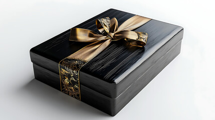 A black box with gold ribbon on top