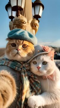 Two cute cats in love wearing berets and scarves taking selfie near Eiffel Tower in Paris. Funny pet travel romance and funny love concept
