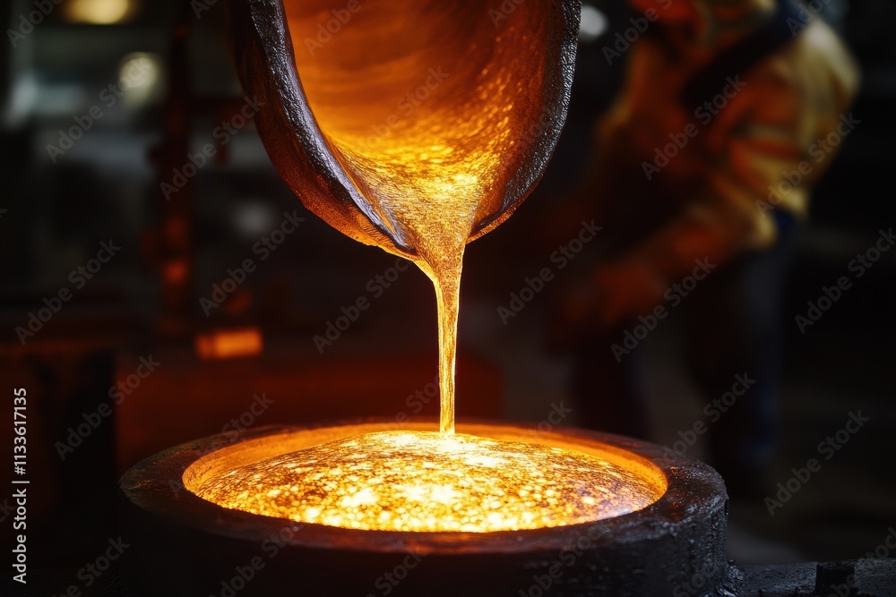Poster hot molten metal flows into casting molds, creating sparks and flames in an industrial facility, sho