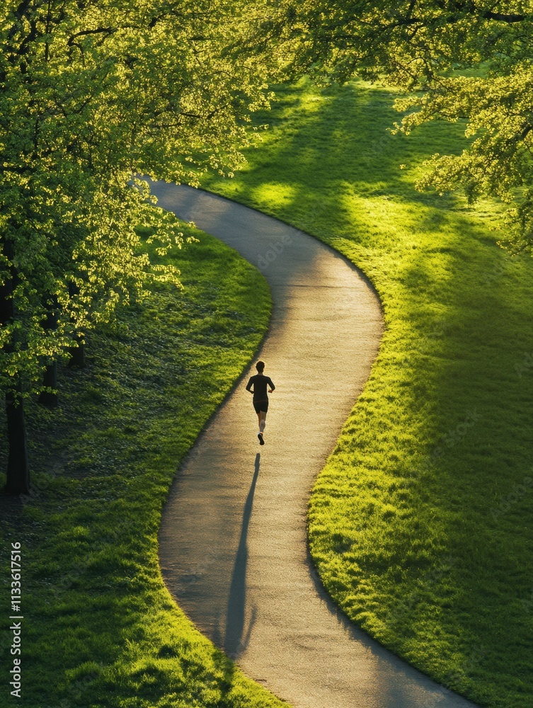 Poster A solitary runner traverses a winding path surrounded by vibrant greenery in a tranquil park during the early hours of the day. Generative AI