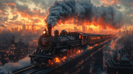 Steam train races through fiery, futuristic city.