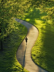 A solitary runner traverses a winding path surrounded by vibrant greenery in a tranquil park during the early hours of the day. Generative AI