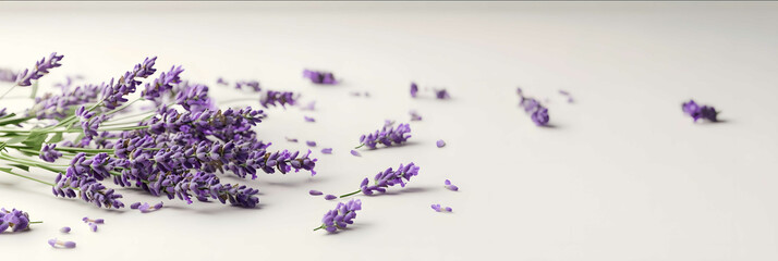 Composition from side eye view composition featuring lavender flowers and lavanderscattered around...