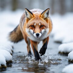 Obraz premium Red fox walking through snowy stream in winter