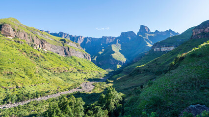 Panoramic view of The Amphitheatre in Northern Drakensberg, Royal Natal National Park, South Africa