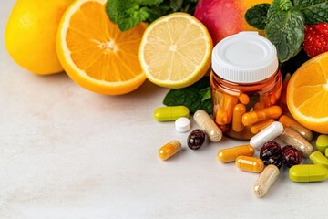 A collection of colorful supplements and pills is artfully arranged alongside fresh citrus fruits and berries, highlighting themes of health and nutritional support.