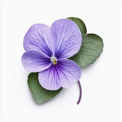Obraz premium Soft purple violet flower with green leaves arranged elegantly on a light background for botanical study