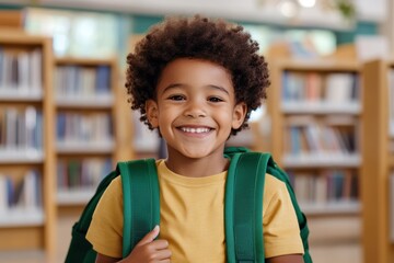 A delightful child in a yellow shirt beams while standing in a library, symbolizing the eagerness and enthusiasm found in young learners exploring new knowledge.
