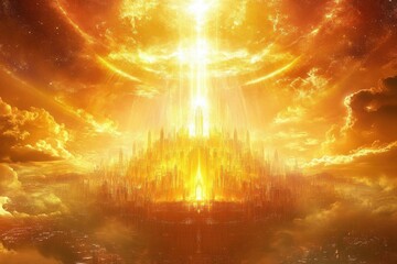 Fototapeta premium An ethereal golden city is seen descending from the heavens.