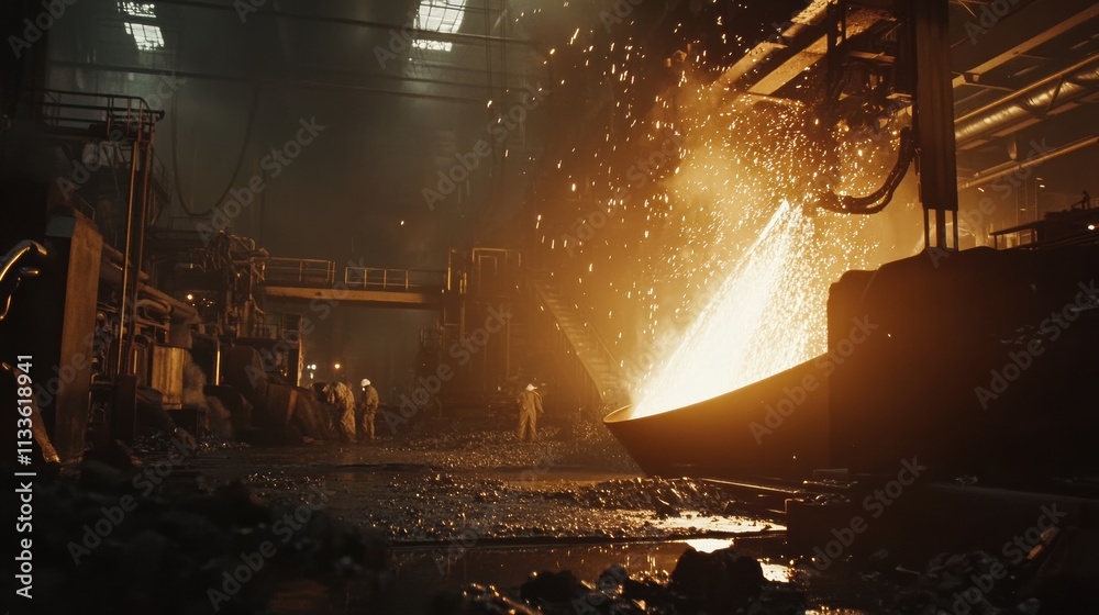Poster Molten metal is poured into casting molds in an industrial hall as workers oversee the fiery process, creating sparks and intense flames. Generative AI