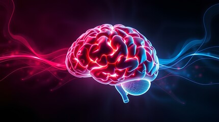 glowing neon brain illustration with futuristic cybernetic