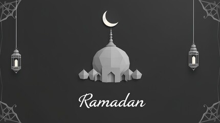 minimalist crescent moon with mosque silhouette and Ramadan
