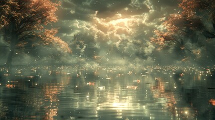 Fototapeta premium Enchanting Autumnal Forest Scene with Glowing Sunrise Reflecting on Serene Lake Surface Surrounded by Misty Atmosphere and Colorful Foliage