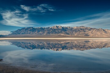 Reflective Serenity: Mountains Mirrored in a Still Lake