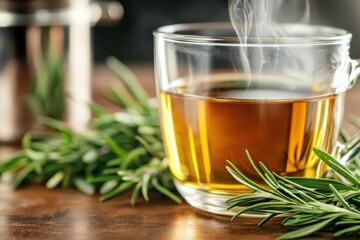 A steaming cup of herbal tea with a sprig of rosemary on a wooden table, surrounded by a warm ambiance. A kettle in the background adds to the scene.
