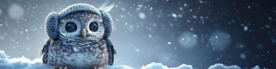 Obraz premium Animated Owl amidst Snowstorm, Soft-textured Cartoonish Owl in Winter Scene for Seasonal Themes
