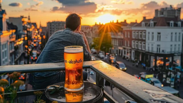 Man enjoying non alcoholic beer and watching sunset over city