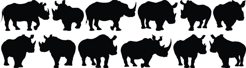 Rhino silhouettes set, rhinoceros pack of vector silhouette design, isolated background