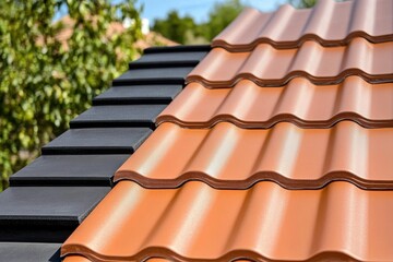 Modern roofing system highlighted by the distinct textures of metal and clay tiles, displaying an aesthetic blend of tradition and innovation in architectural design.