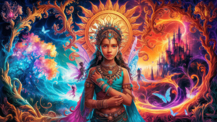 Magical Fantasy Realm with Princess, Fairies, and Enchanted Trees