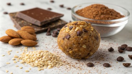 An energy ball glistening with a sheen of honey showcases an enticing mix of cacao nibs and golden flaxseed. Its surface reveals a rustic uneven texture indicative of