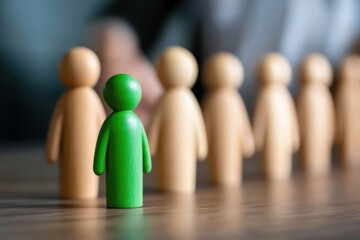 An individual green figure leads a sequence of wooden figures, embodying concepts of leadership, guidance, and standing out within a group of similar entities.