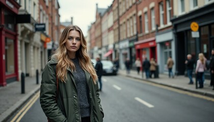 Fototapeta premium Confident young woman posing on urban street with people and shops in background 