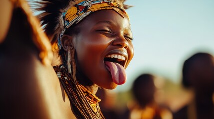 A woman showing a playful expression is captured in eye-catching traditional attire, setting a jubilant tone amidst a lively outdoor gathering under bright sunlight.