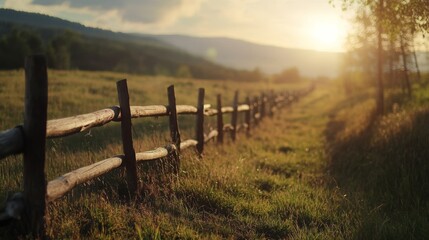 Obraz premium Serene countryside landscape with wooden fence at sunset near rolling hills and fields